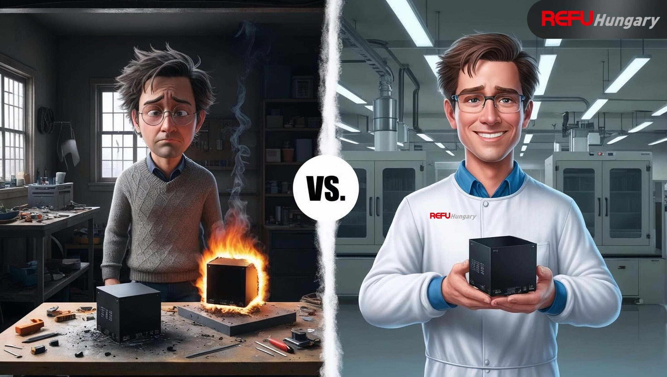 Vergleichsbild mit zuverlässiger Elektronikfertigung von REFU Hungary und einem brennenden, defekten Prototypen auf der Werkbank